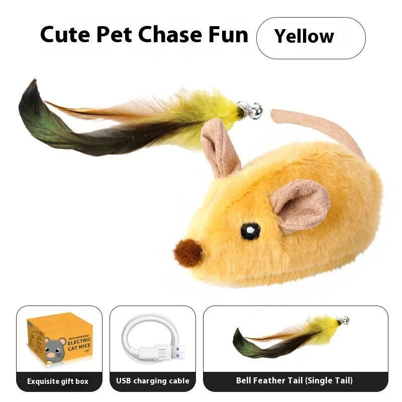 Grey charging simulation electric mouse cat toy with double tail decoration and feather attachment