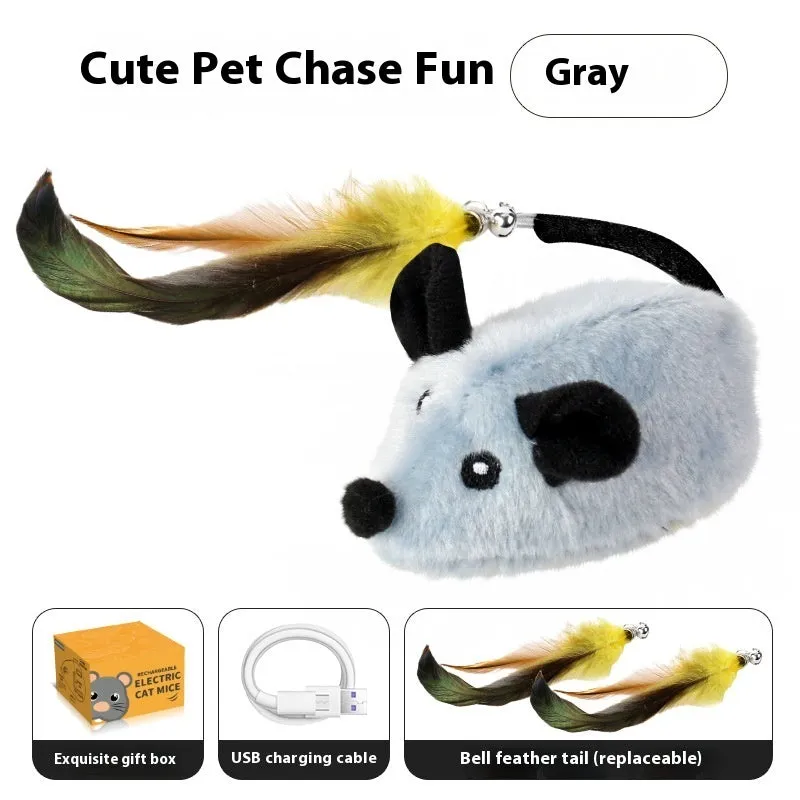 Grey charging simulation electric mouse cat toy with double tail decoration and feather attachment