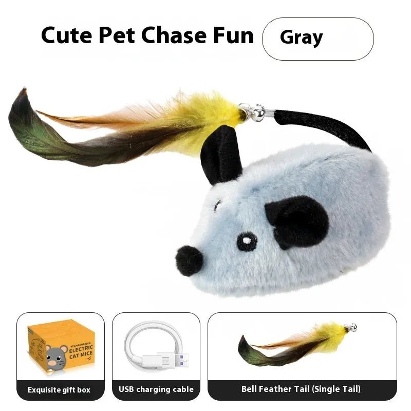 Grey charging simulation electric mouse cat toy with double tail decoration and feather attachment