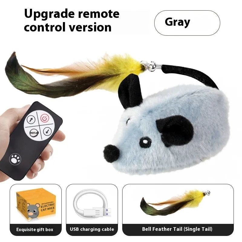 Grey charging simulation electric mouse cat toy with double tail decoration and feather attachment