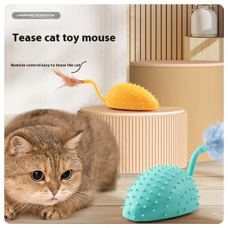 Remote control smart charging silicone mouse cat toy in cyan with feather attachment and USB cable