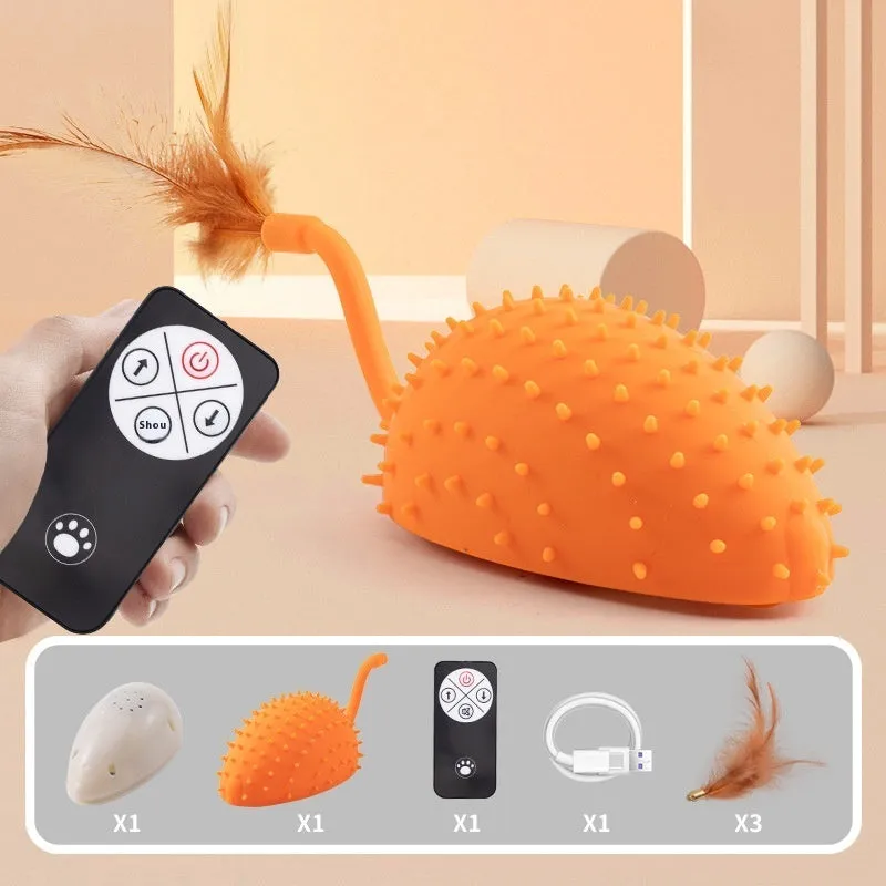 Remote control smart charging silicone mouse cat toy in cyan with feather attachment and USB cable