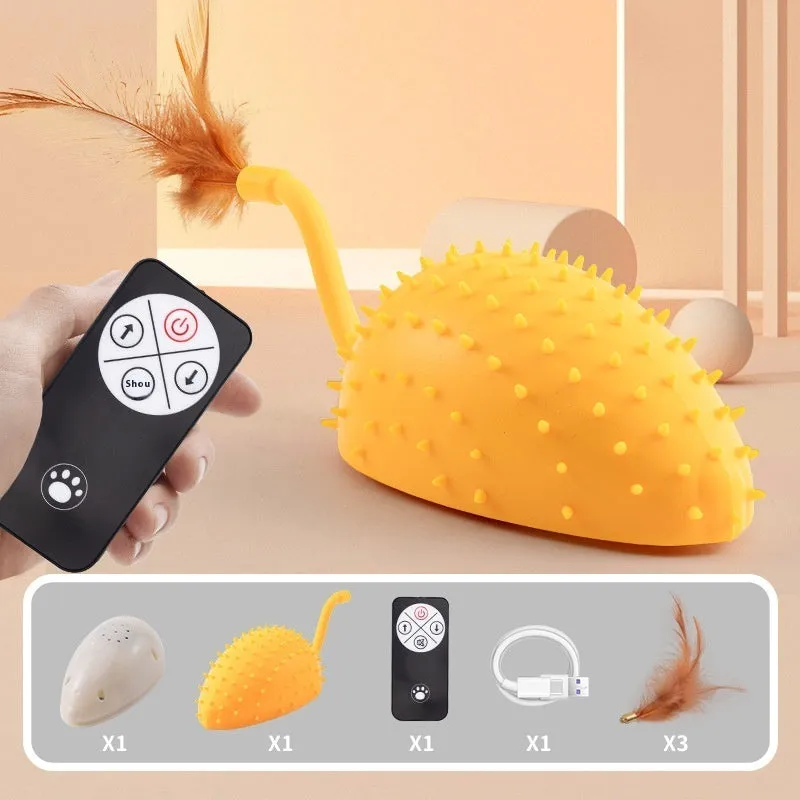 Remote control smart charging silicone mouse cat toy in cyan with feather attachment and USB cable