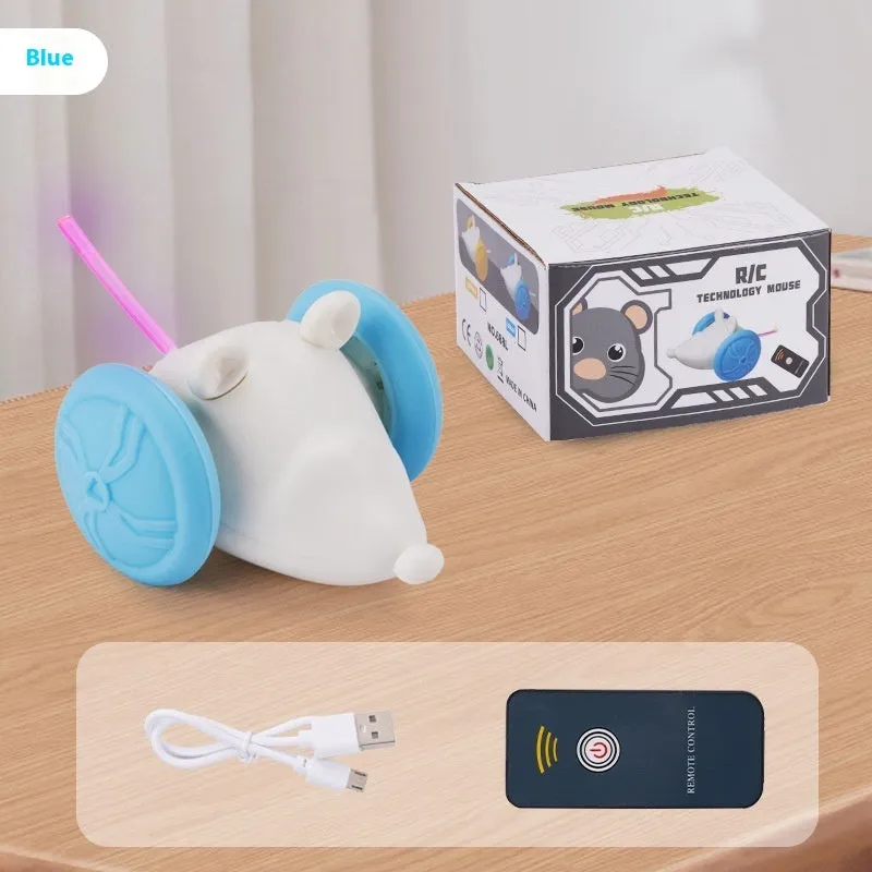 Electronic cat toy mouse with remote control, showing blue and yellow colour options