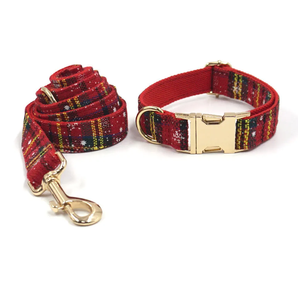 Red Christmas pet accessory set showing collar, leash, bow, harness, and waste bag with laser sculpture design