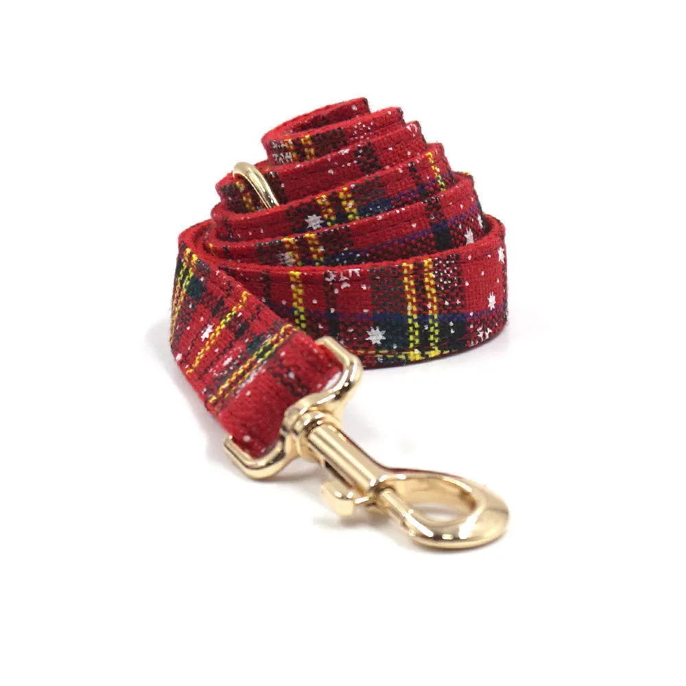 Red Christmas pet accessory set showing collar, leash, bow, harness, and waste bag with laser sculpture design