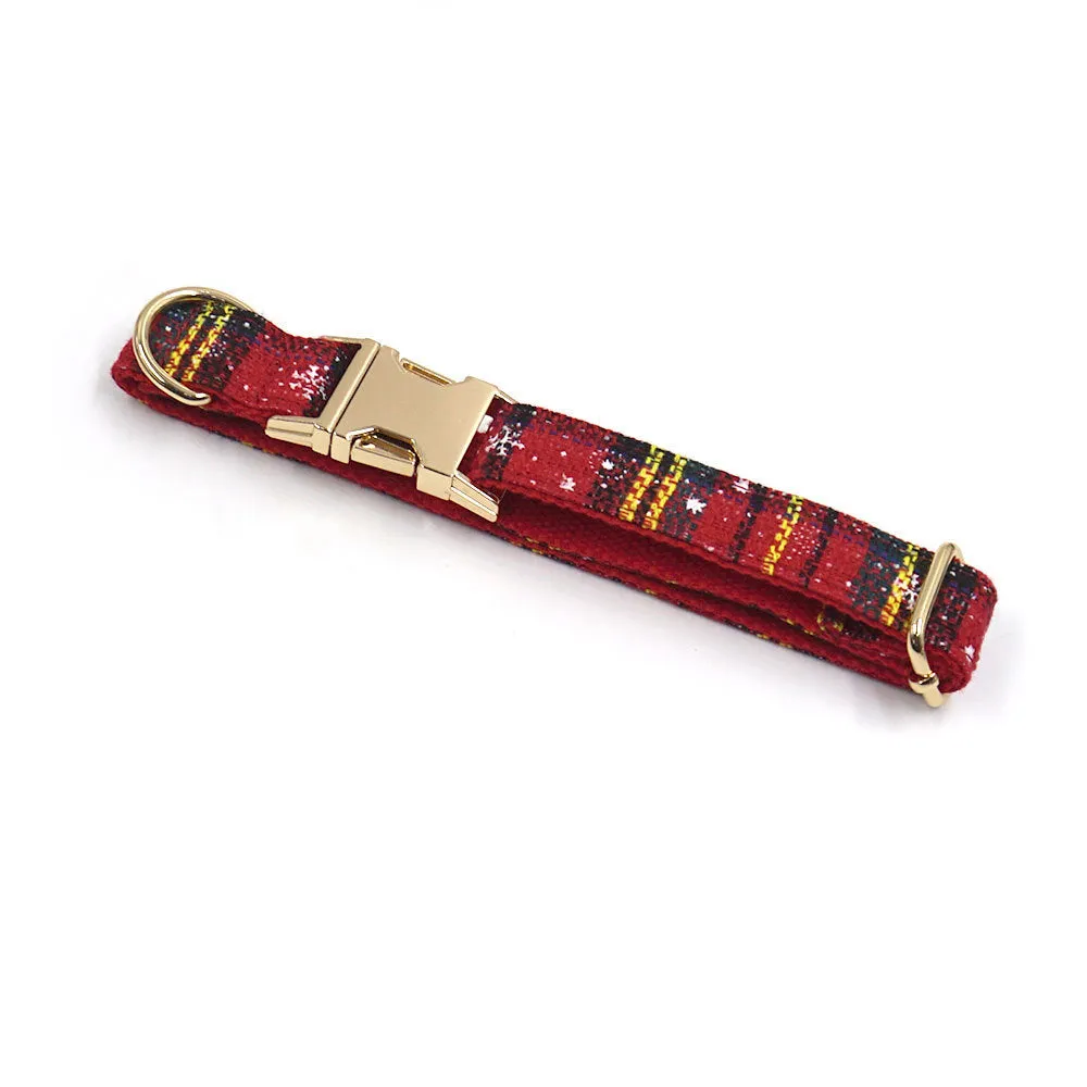 Red Christmas pet accessory set showing collar, leash, bow, harness, and waste bag with laser sculpture design