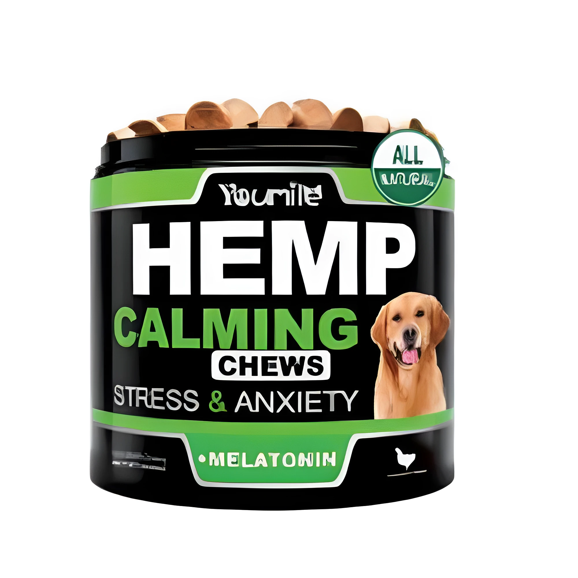 Bottle of Calm Down And Chew chewable dietary supplement capsules, 120 count.