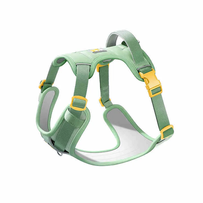 Adjustable dog chest harness vest with integrated hand holding rope in avocado green colour