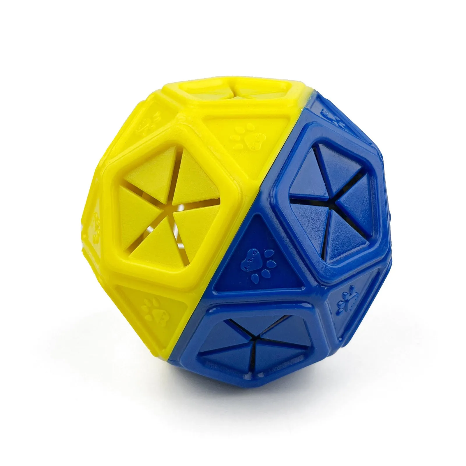 Blue chew-resistant hollow dog puzzle ball with treat openings