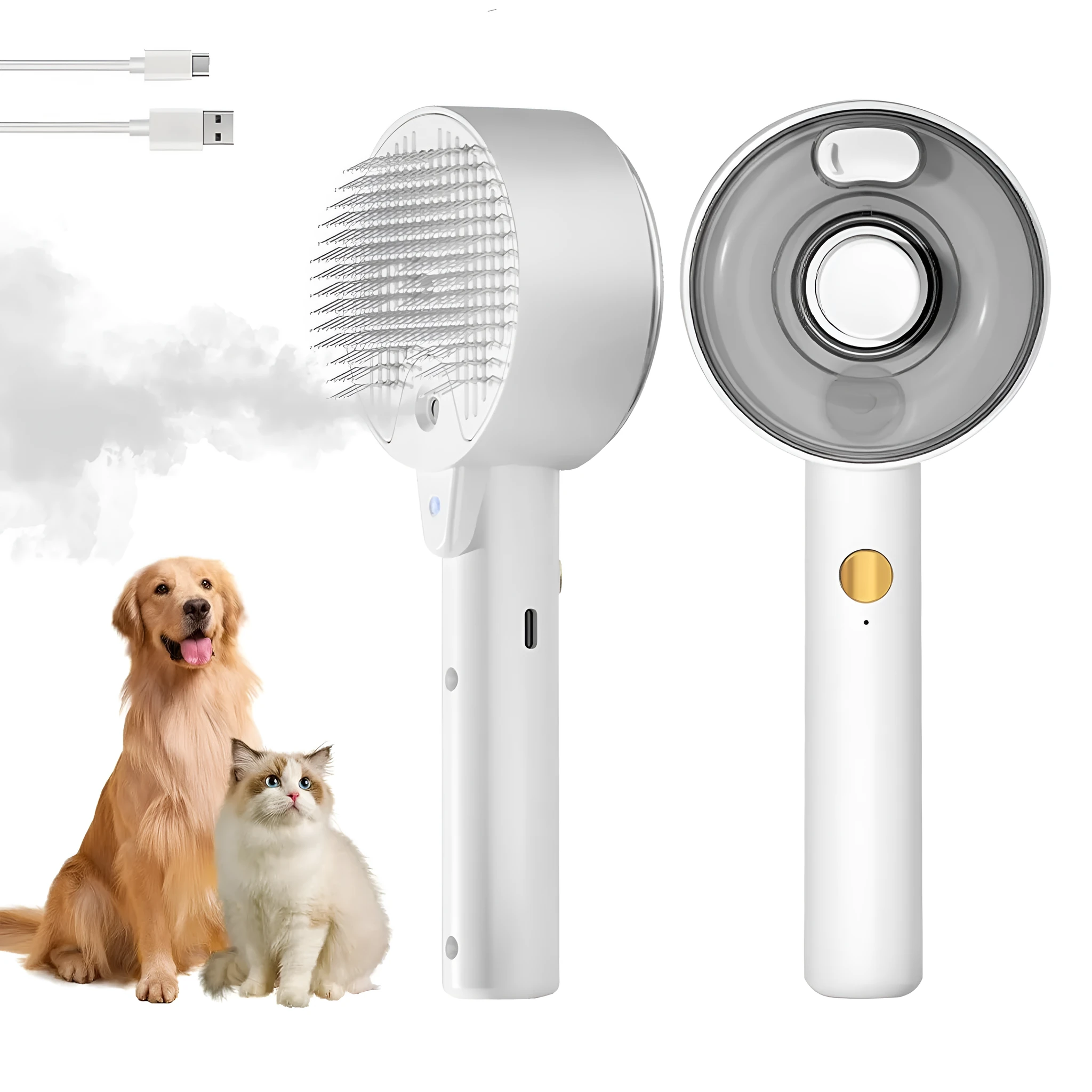 Pink and white cat grooming steam brush with mist function, rounded head, and stainless steel bristles.