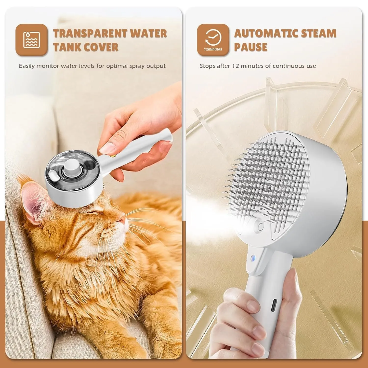 Pink and white cat grooming steam brush with mist function, rounded head, and stainless steel bristles.