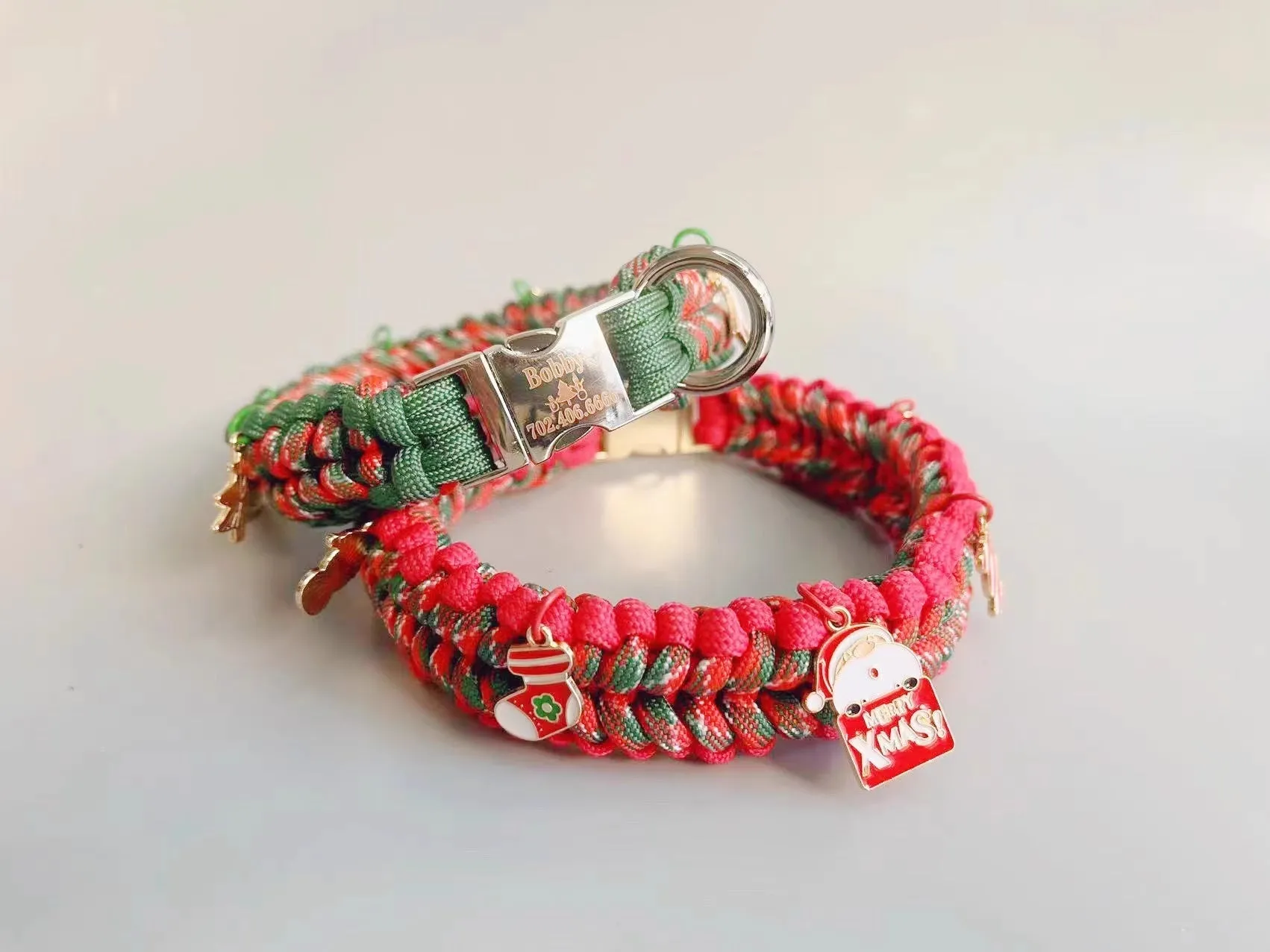 Green and red dog leash with metal P-chain, rope handle, and release buckle options