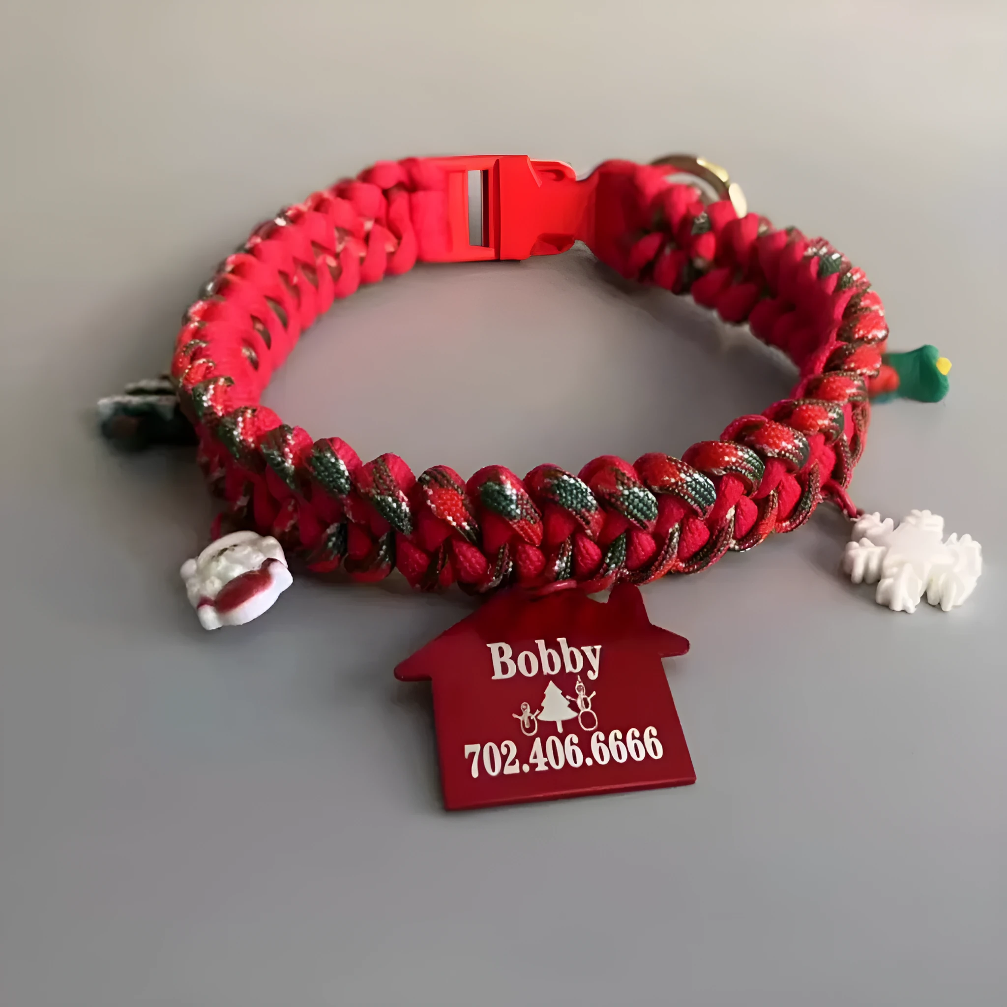 Green and red dog leash with metal P-chain, rope handle, and release buckle options