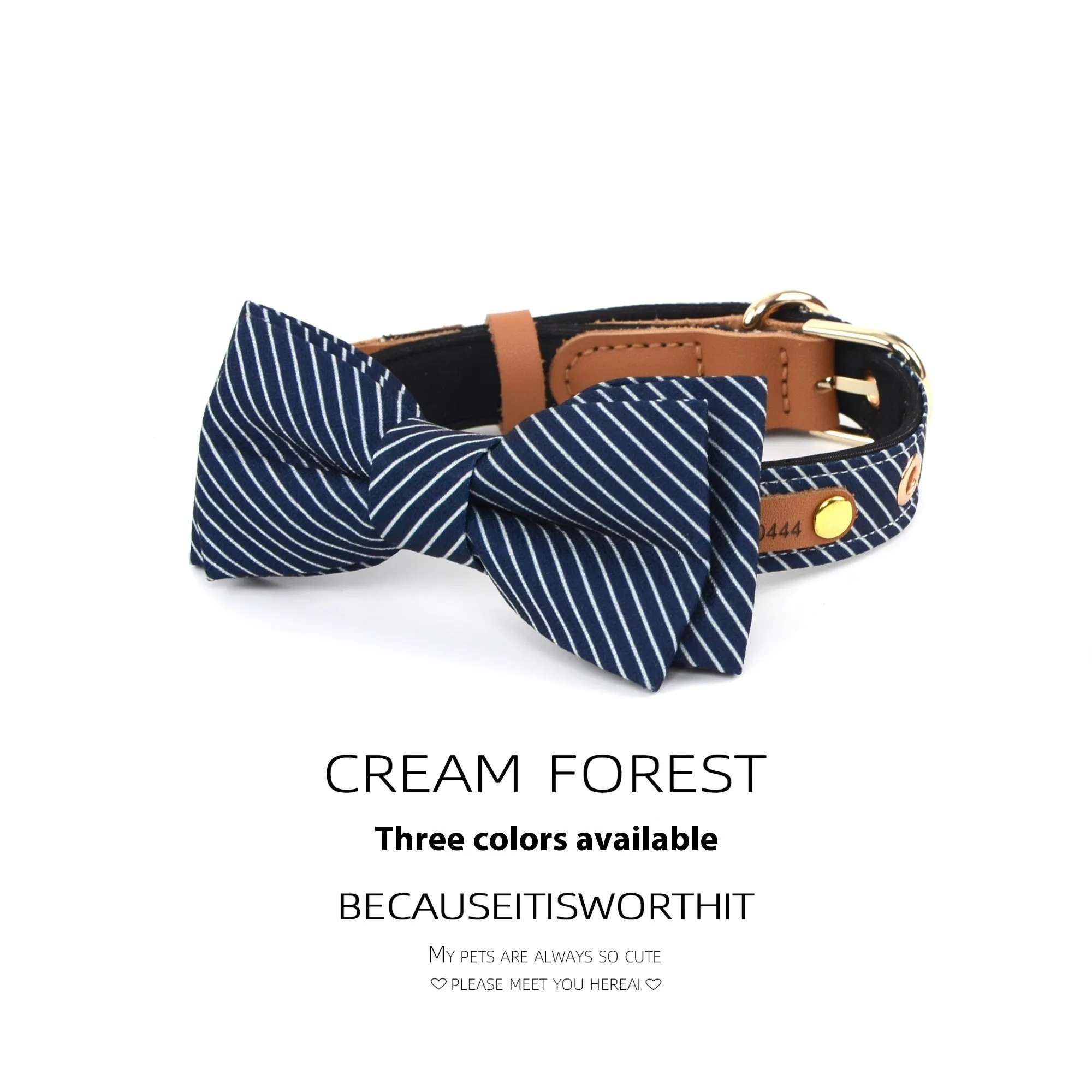 A simple white cotton dog collar with a detachable red bow and leather name tag.