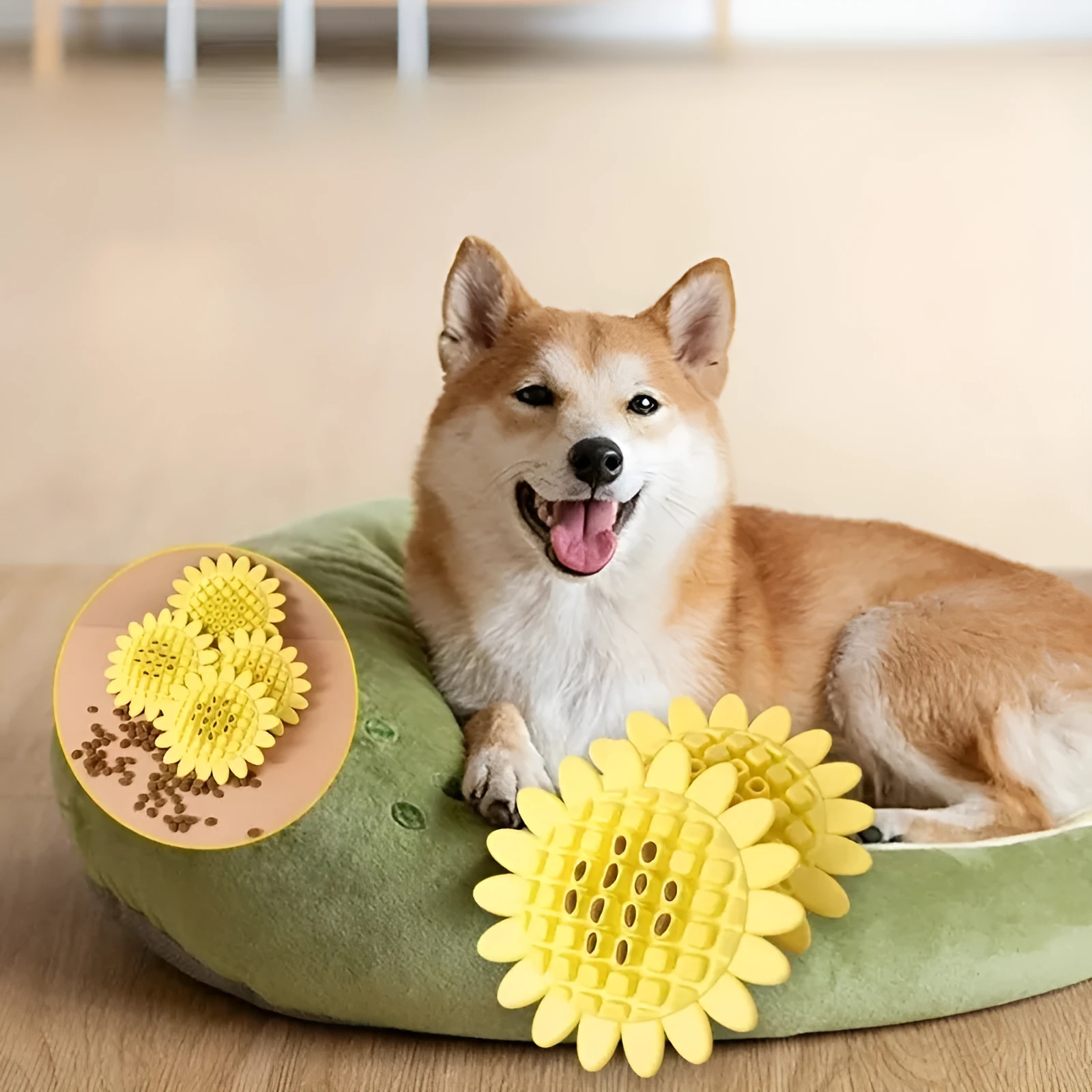 Yellow sunflower-shaped rubber dog chew toy with squeaker