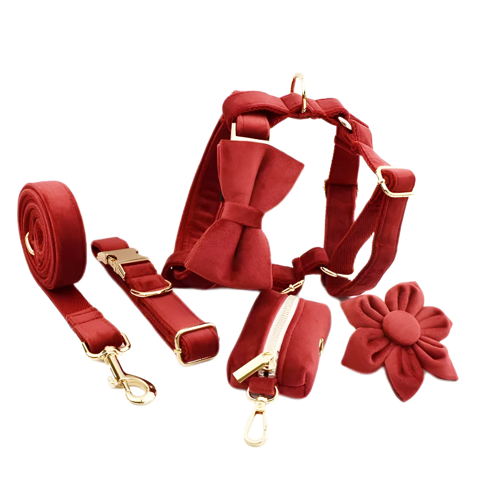 Cloth dog collar set with matching leash, vest, bow, and decorative flower accessories