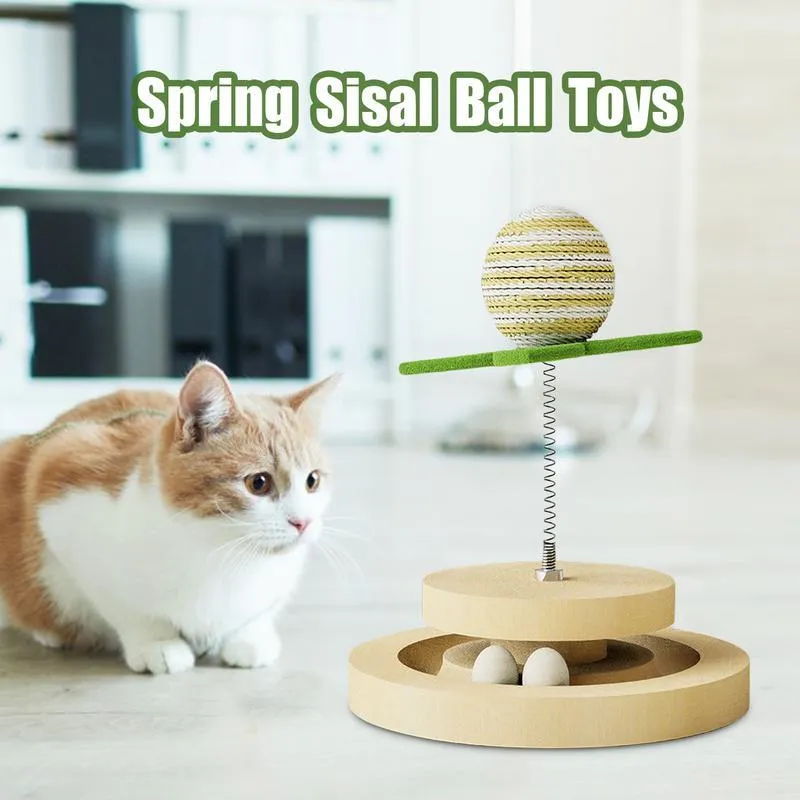 Green sisal cat toy with rotating ball track system for indoor feline play