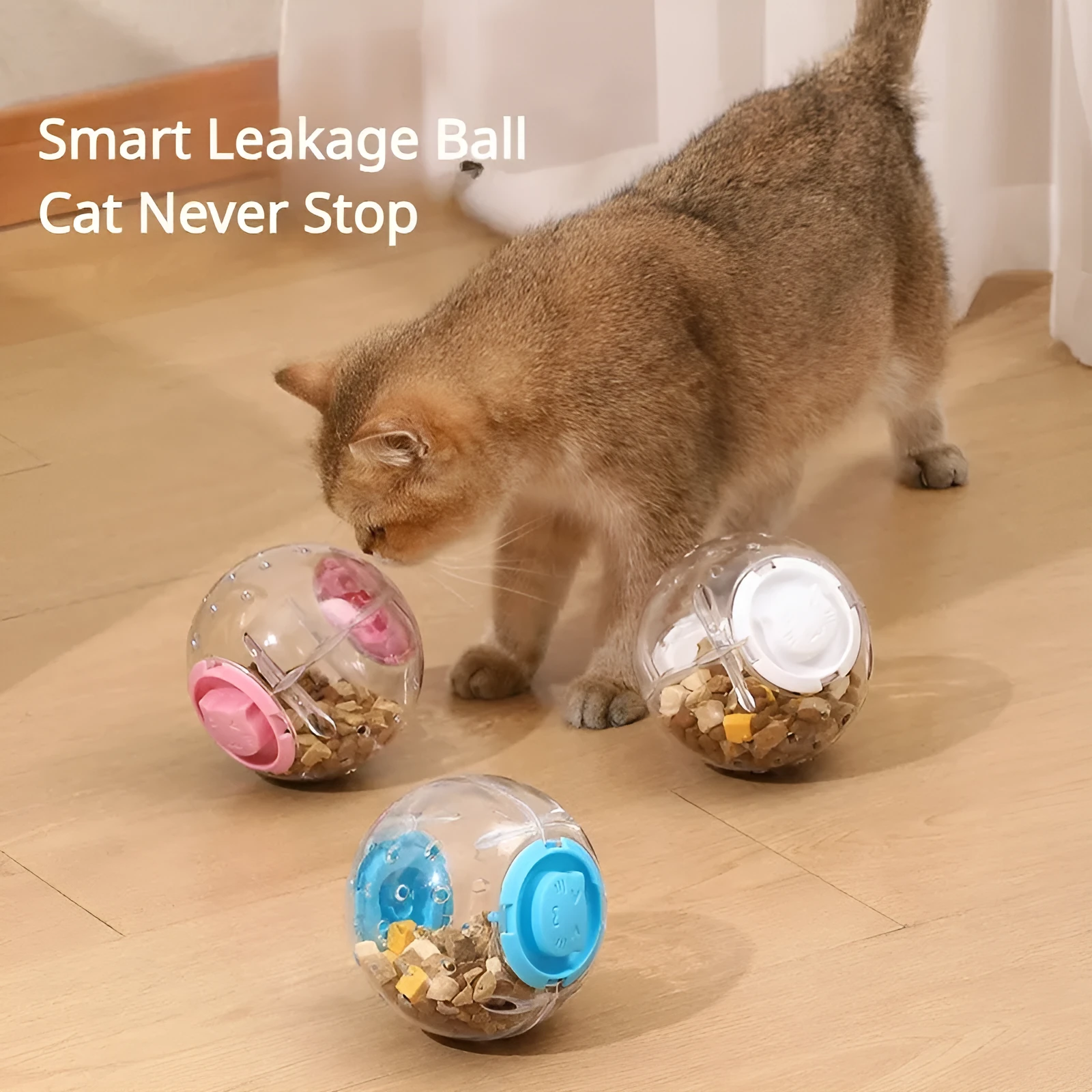 Blue, pink, or white 11.5cm ABS plastic slow feeding ball for dogs and cats with treat dispensing holes