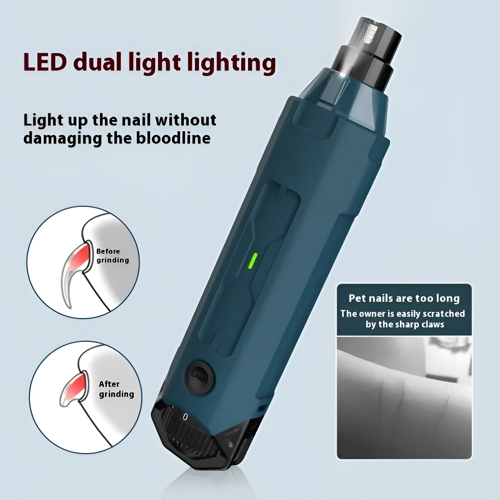 Dark blue pet nail trimming device with LED light and rotary speed control