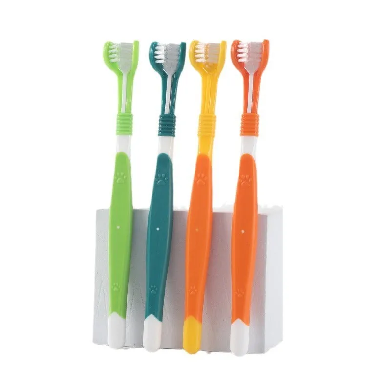 Pet toothbrush with plastic handle and nylon bristles in sealed packaging for dog and cat dental care