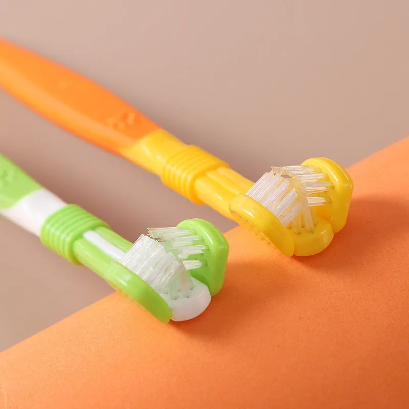 Pet toothbrush with plastic handle and nylon bristles in sealed packaging for dog and cat dental care
