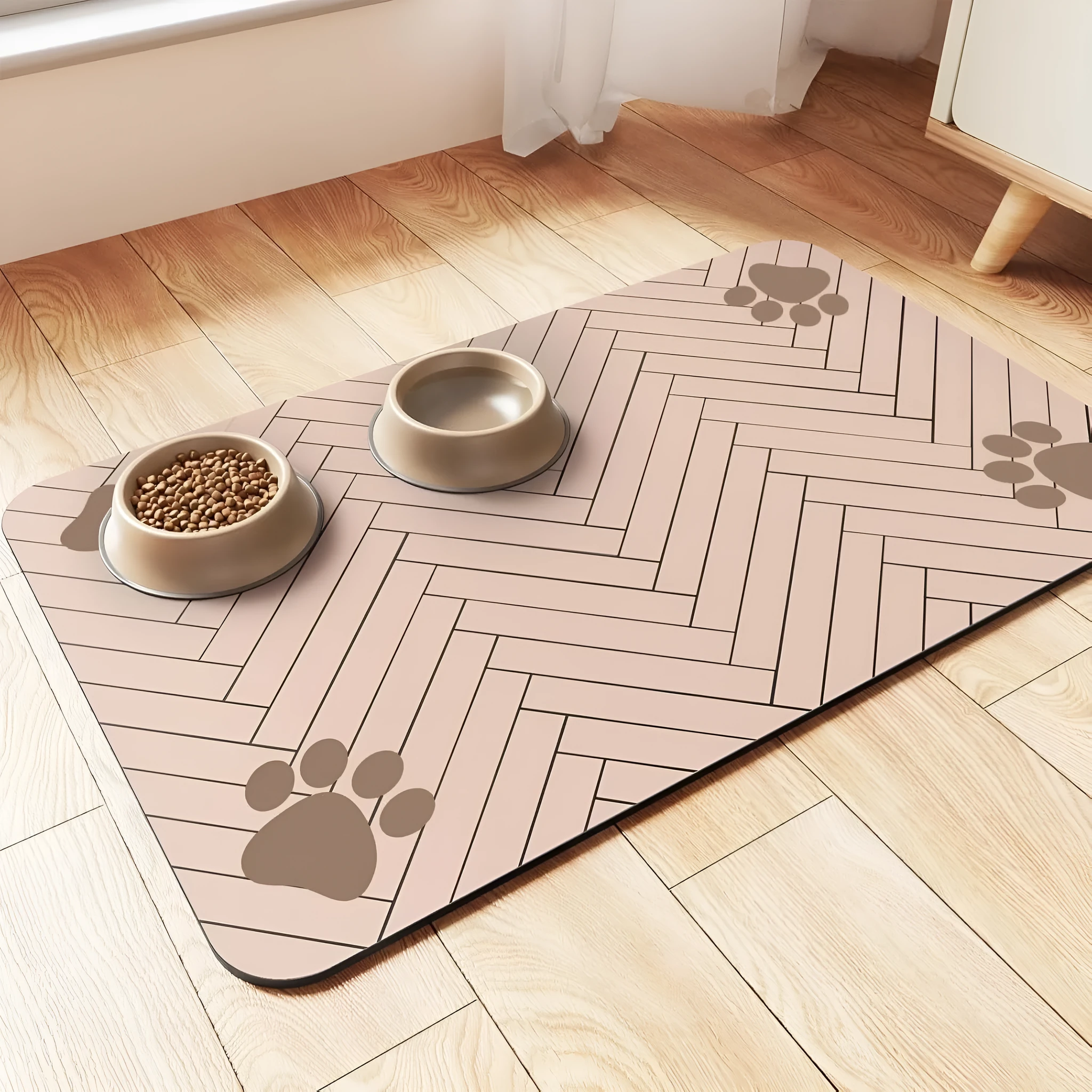 Diatomite pet feeding mat in blue placed under a dog's food and water bowls.