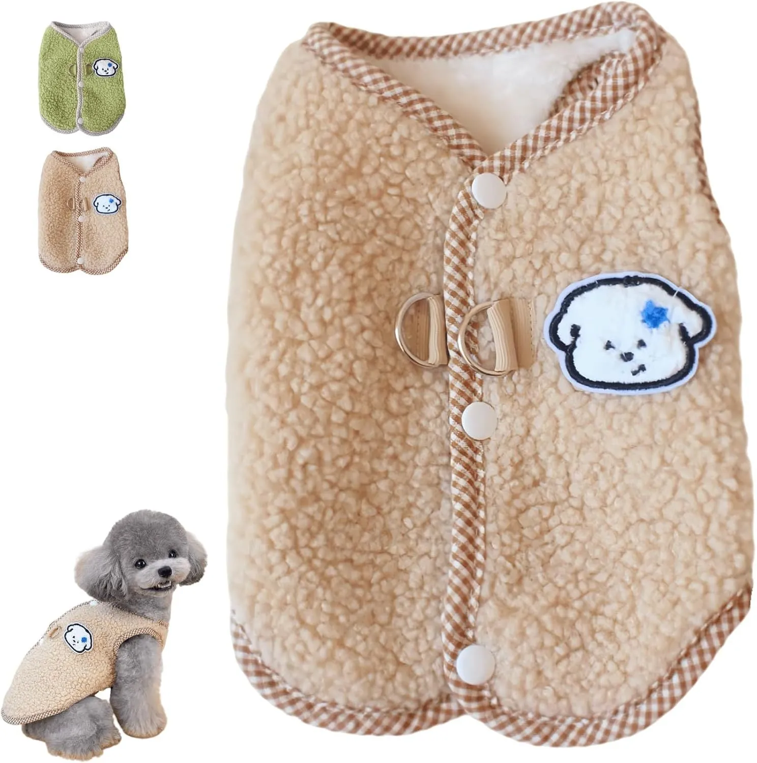 Green coral fleece dog sweatshirt vest with a leash ring on a small dog.