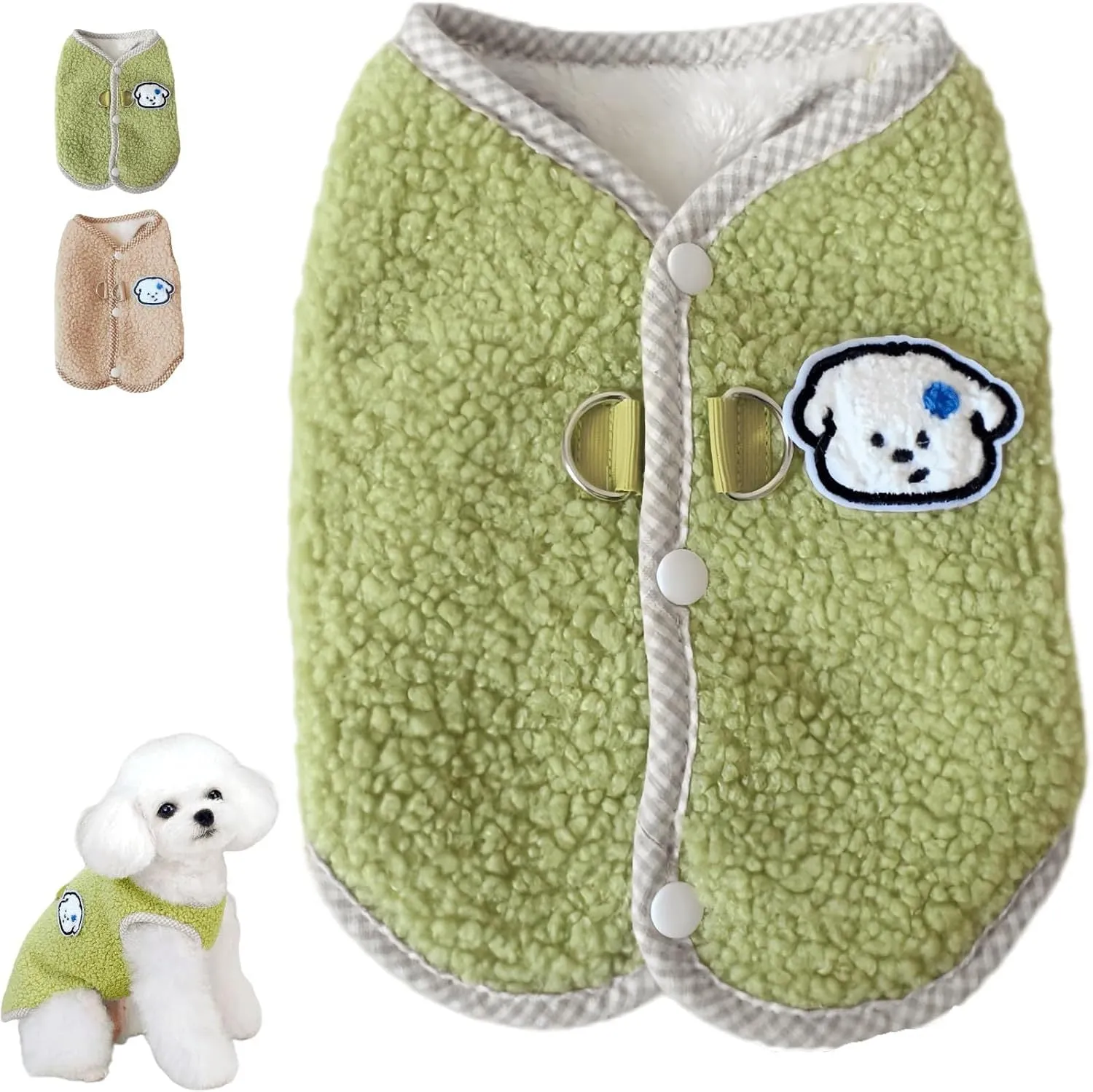 Green coral fleece dog sweatshirt vest with a leash ring on a small dog.