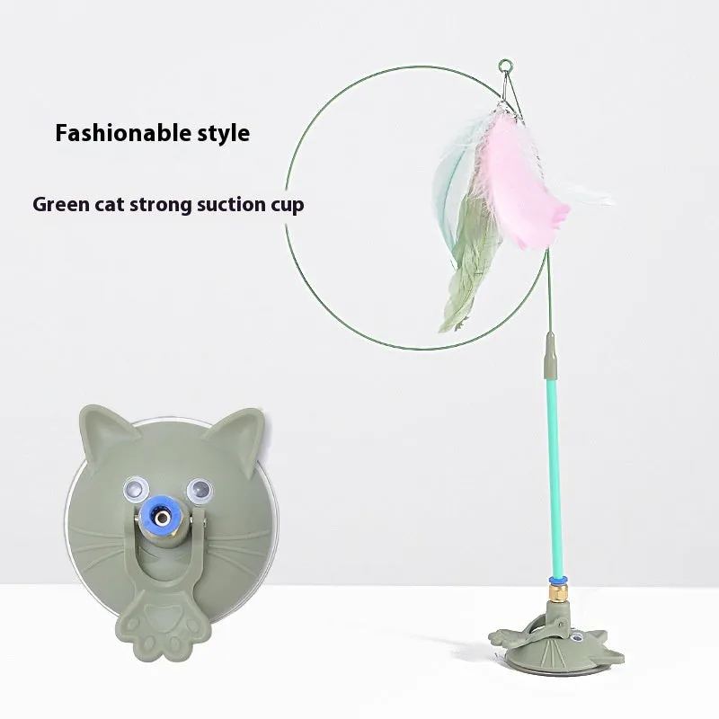 Cat teaser toy with suction cup holder, long brush handle, and bell attachment