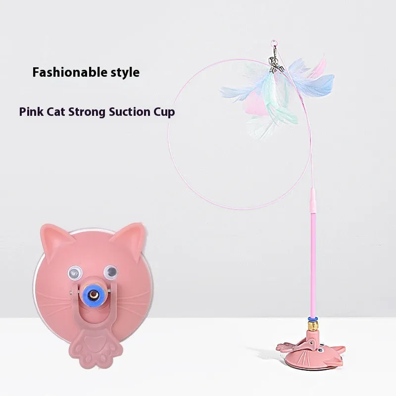 Cat teaser toy with suction cup holder, long brush handle, and bell attachment
