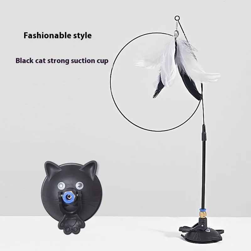 Cat teaser toy with suction cup holder, long brush handle, and bell attachment