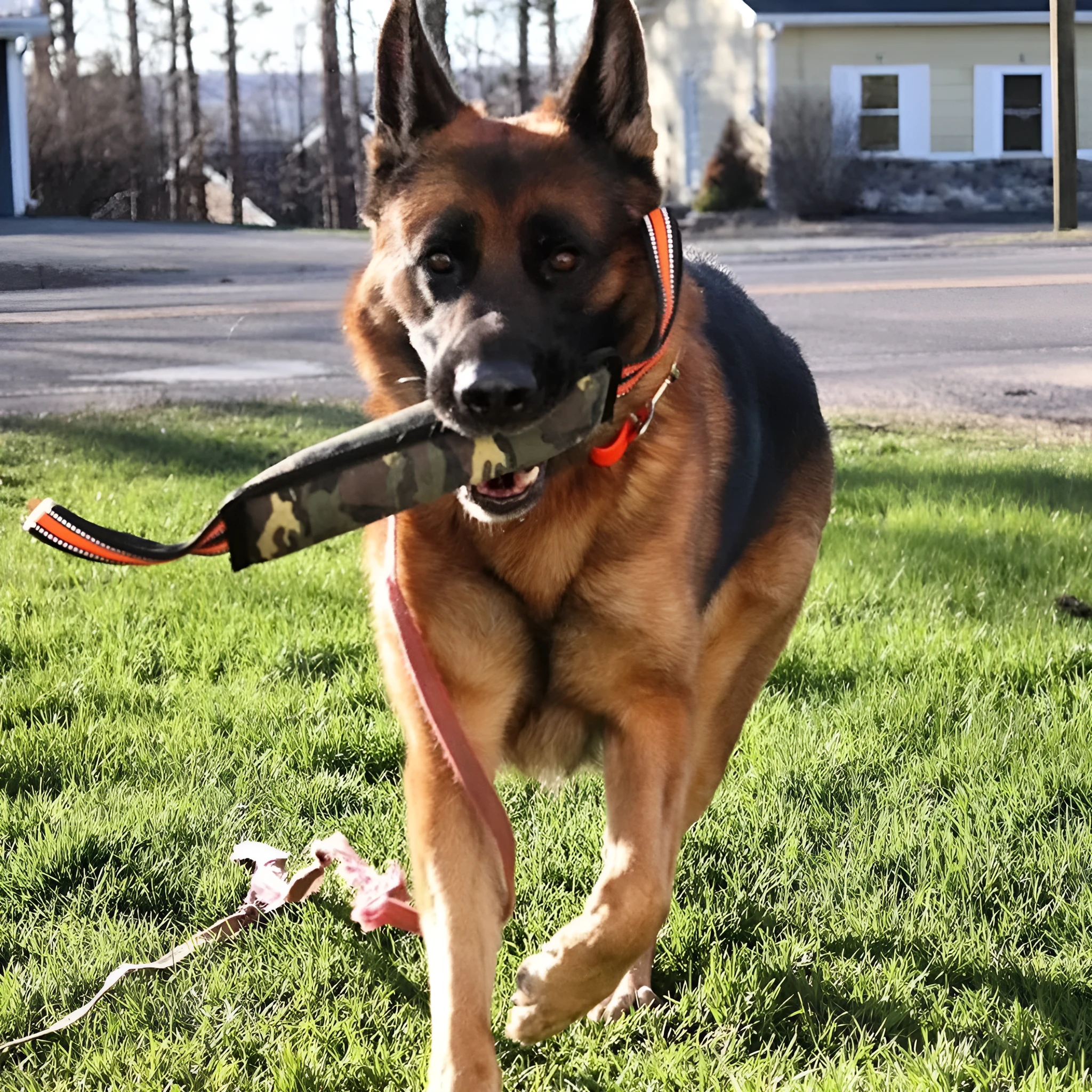 55 cm long yellow-edged jute dog bite stick with reflective strips for training and tug play.