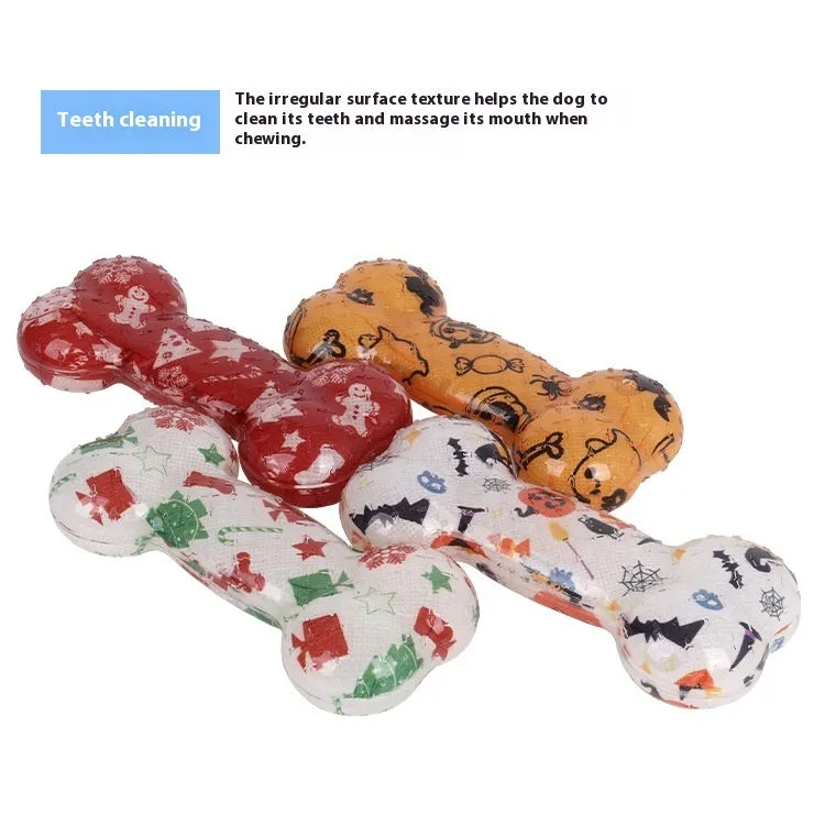 TPR bone-shaped pet squeaky toy in red and orange festive colours.