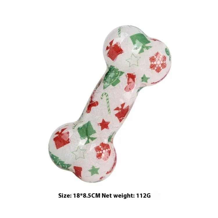 TPR bone-shaped pet squeaky toy in red and orange festive colours.
