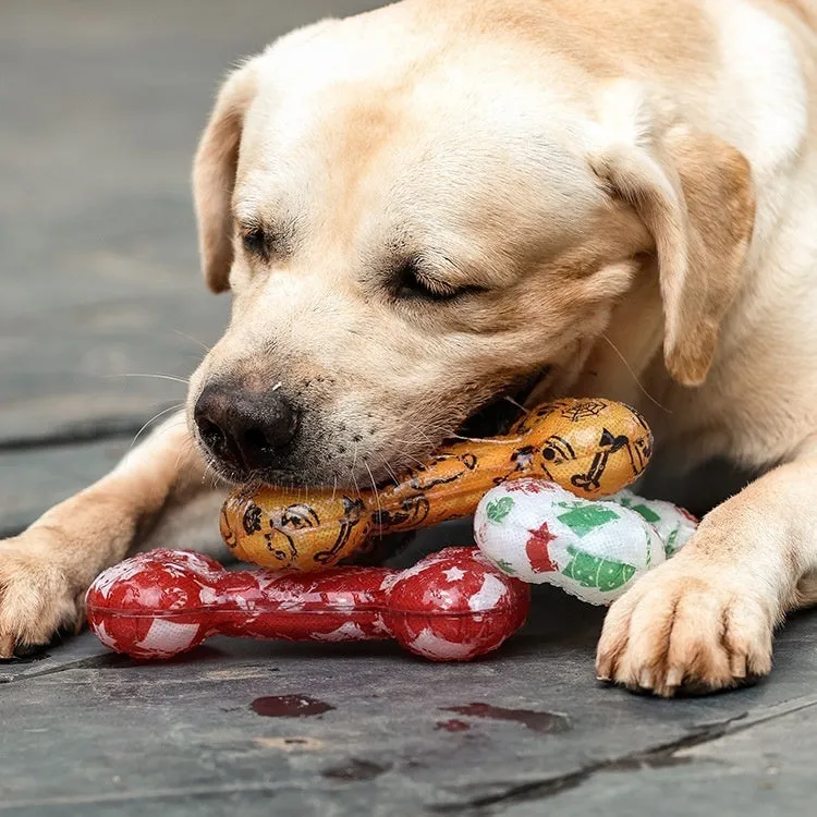 TPR bone-shaped pet squeaky toy in red and orange festive colours.
