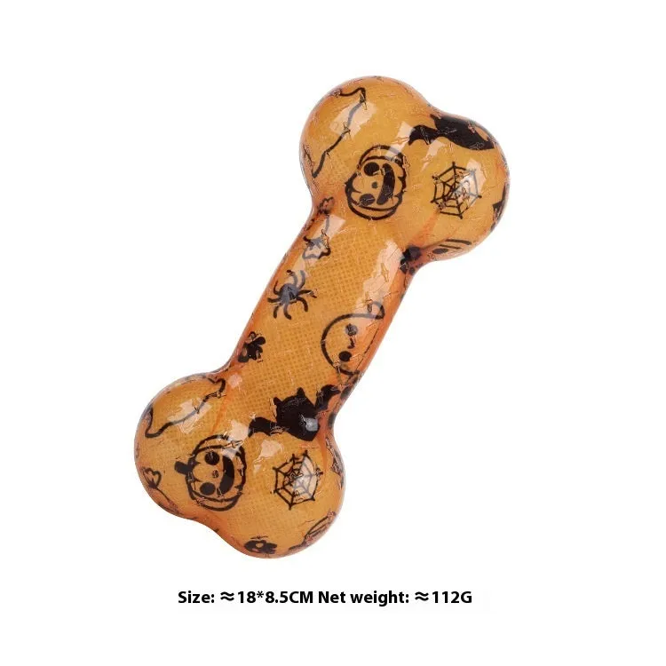 TPR bone-shaped pet squeaky toy in red and orange festive colours.