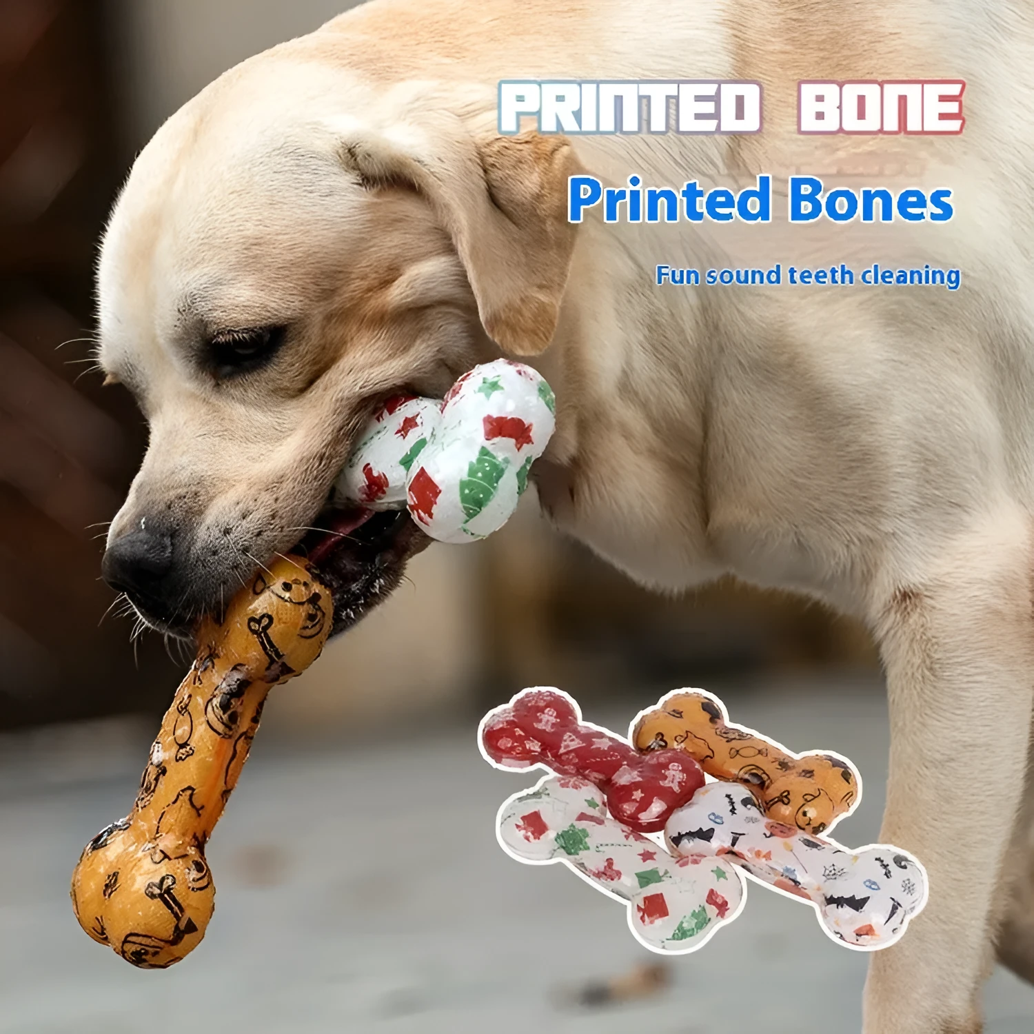 TPR bone-shaped pet squeaky toy in red and orange festive colours.