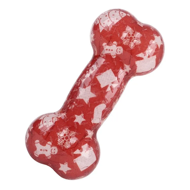TPR bone-shaped pet squeaky toy in red and orange festive colours.