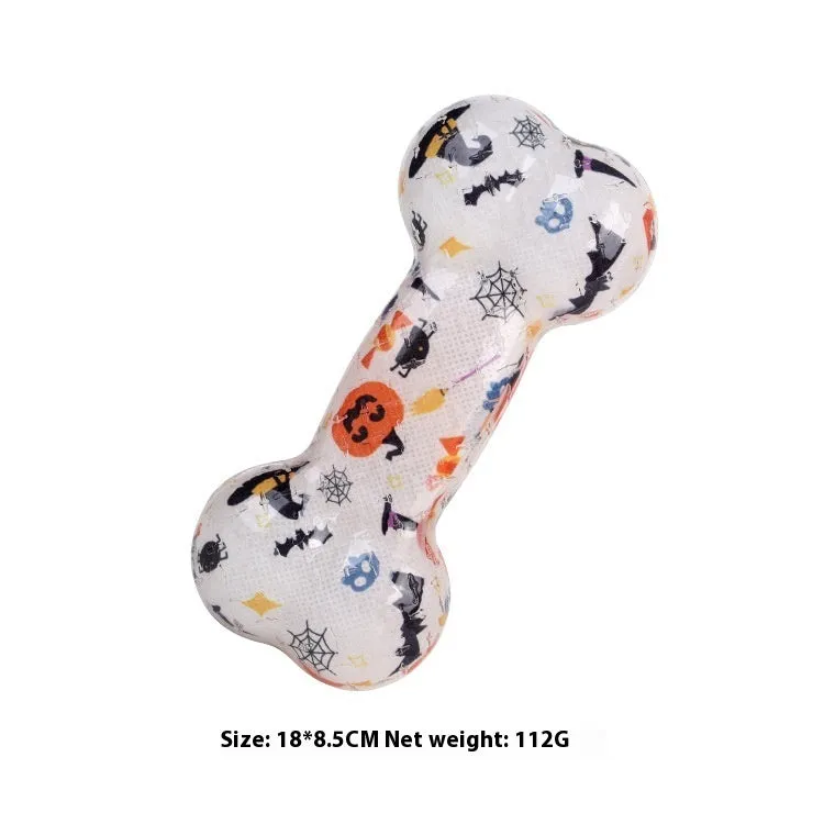 TPR bone-shaped pet squeaky toy in red and orange festive colours.