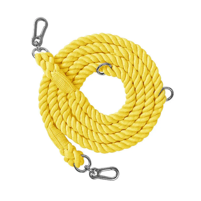 Woven rainbow pattern double-headed dog leash with metal fittings shown alongside mint green and blue purple colour options