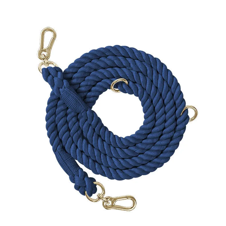 Woven rainbow pattern double-headed dog leash with metal fittings shown alongside mint green and blue purple colour options