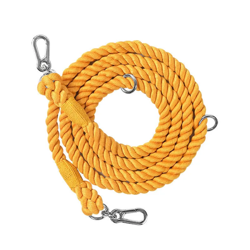 Woven rainbow pattern double-headed dog leash with metal fittings shown alongside mint green and blue purple colour options