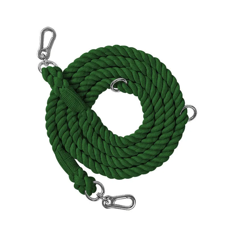Woven rainbow pattern double-headed dog leash with metal fittings shown alongside mint green and blue purple colour options
