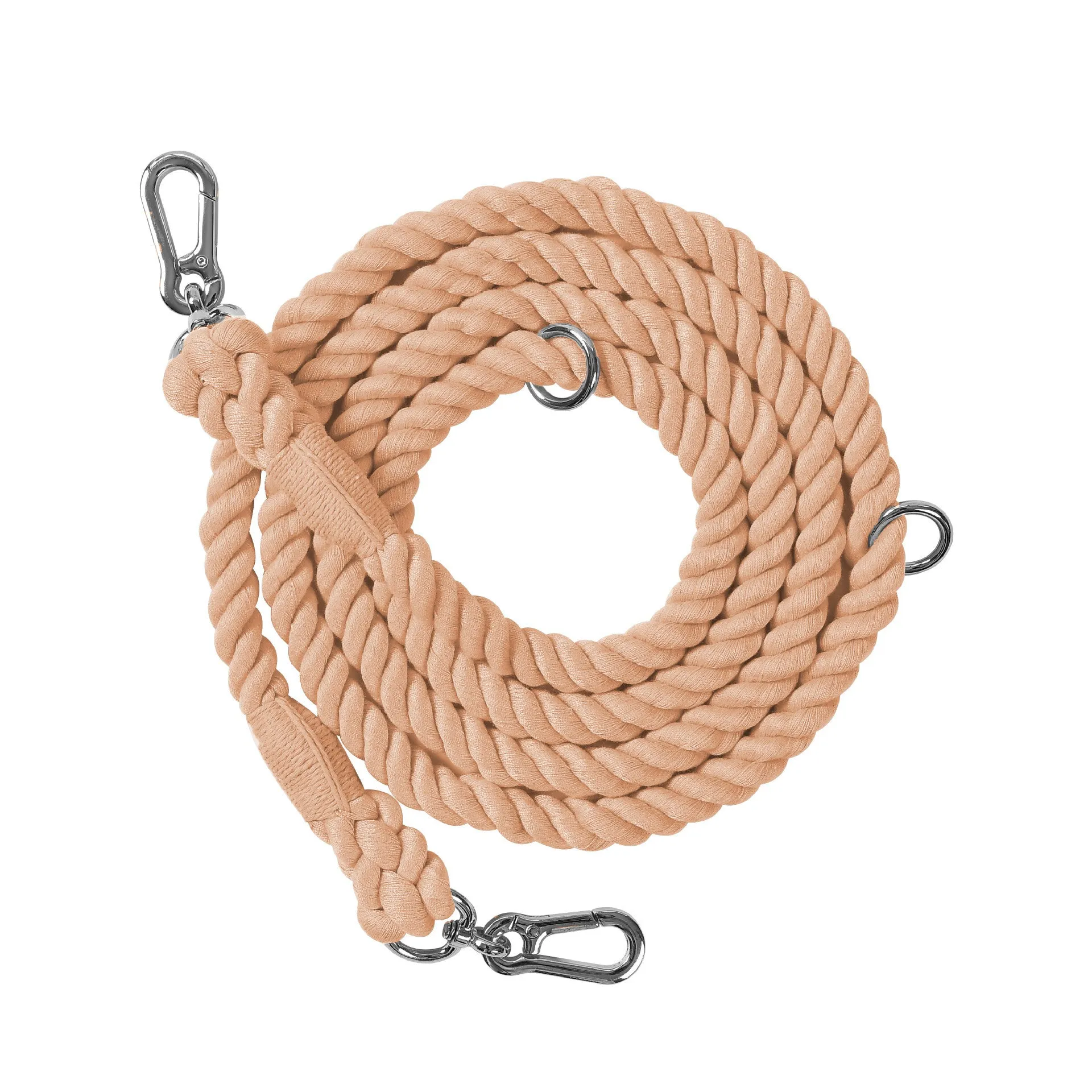 Woven rainbow pattern double-headed dog leash with metal fittings shown alongside mint green and blue purple colour options