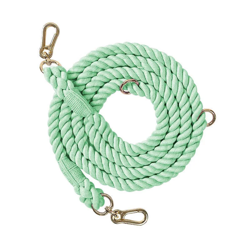 Woven rainbow pattern double-headed dog leash with metal fittings shown alongside mint green and blue purple colour options