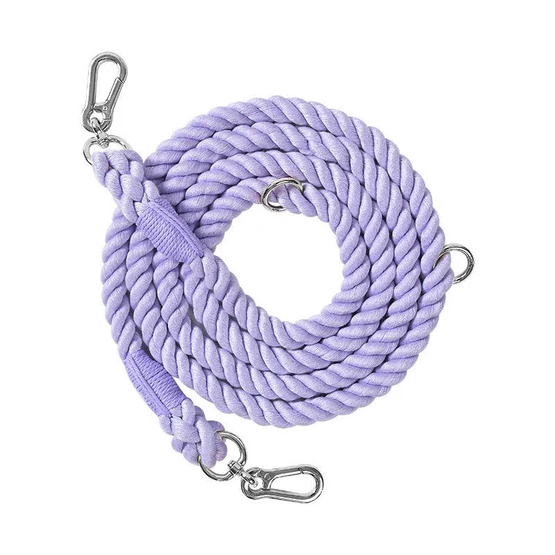 Woven rainbow pattern double-headed dog leash with metal fittings shown alongside mint green and blue purple colour options