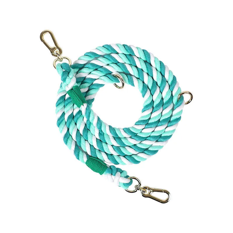 Woven rainbow pattern double-headed dog leash with metal fittings shown alongside mint green and blue purple colour options