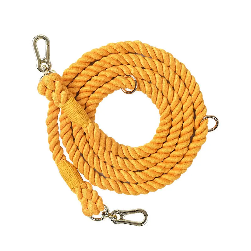 Woven rainbow pattern double-headed dog leash with metal fittings shown alongside mint green and blue purple colour options