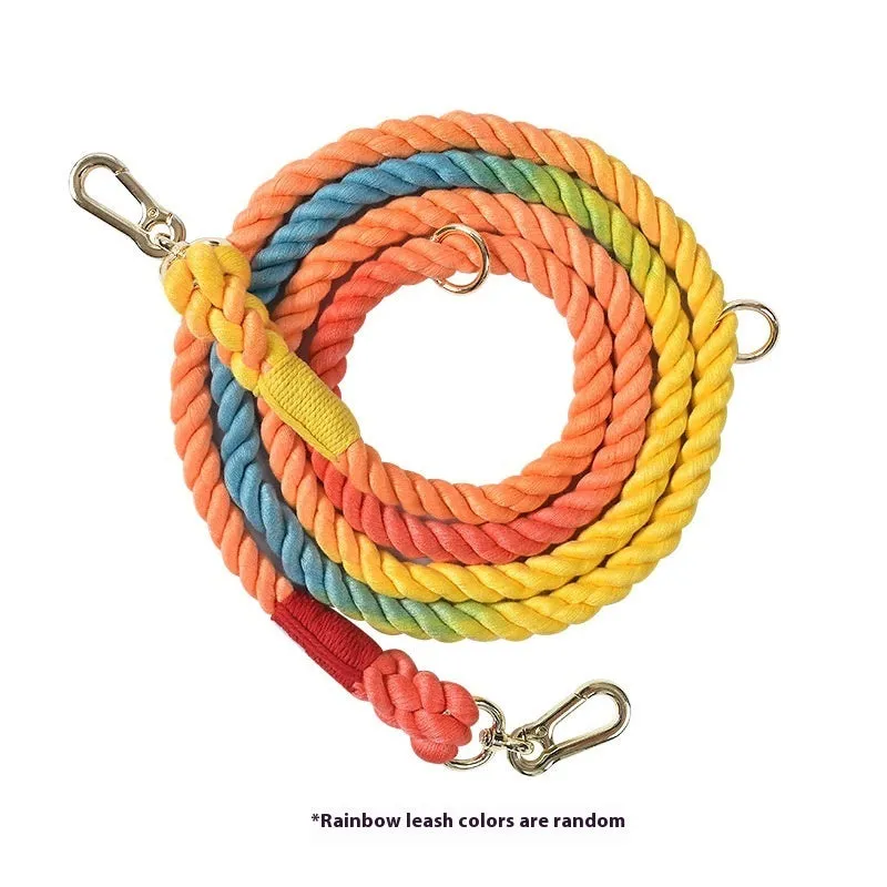 Woven rainbow pattern double-headed dog leash with metal fittings shown alongside mint green and blue purple colour options
